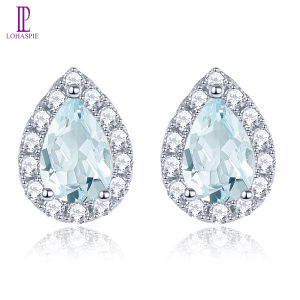 Lohaspie แหวนเงินสเตอริ่งแข็งเครื่องประดับต่างหู925เม็ดเดี่ยวต่างหูพลอยสีฟ้าพลอยสีฟ้าต่างหูเม็ดกลมสีฟ้าอ่อนต่างหูหินวันเกิดอัญมณีสำหรับผู้หญิง