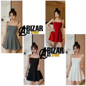 Mini Dress Tali Pundak Gaun Seksi Tali Spaghetti A Line Ruffle Babydoll Elegant Baju OOTD Pakaian Wanita Dewasa Korean Style Terbaru