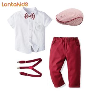 lontakids Toddler Boy Gentleman Clothes Set Kids Short Sleeve Shirt+Suspender Pants + Hat +Bowtie Outfit 1-7 Years