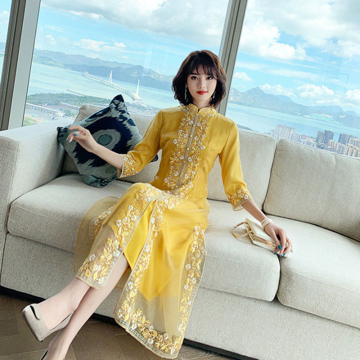 Yellow Cheongsam Dress for Women Exquisite Embroidered Cheongsam ...