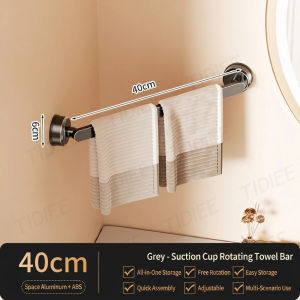 180° Rotatable Suction Cup Towel Rack No-Drill Grey Aluminum Rustproof Bathroom Towel Bar