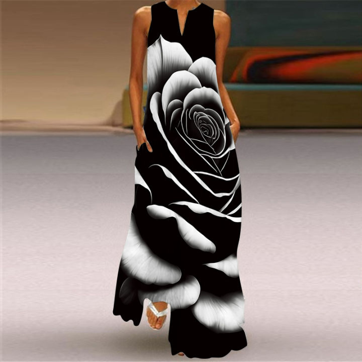 Ladies Spring Summer Long Dress Women Black Rose Sleeveless V-neck Loose  Party Dresses Casual Large Flower Print Vintage Thin Clothes Beach Dress 