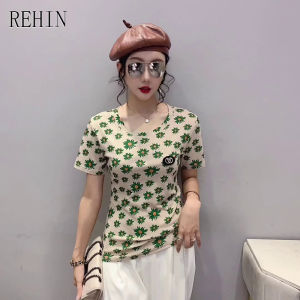 REHIN Womens top Summer floral fashion printing round neckT-shirt  hot drill slim fit elegant blouse