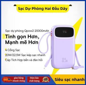 Sạc Dự Phòng Hai Đầu Dây Baseus 20000mAh PD 22.5W TypeC &IP 2 Cổng Tiện Dụng Cho iP 15 14 13 Samsung Điện Thoại