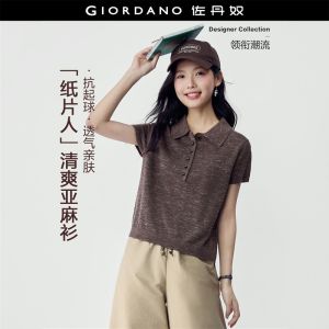 GIORDANO Women Polo Shirts Linen Blend Knit Polo Shirts Half Placket Short Sleeve Fashionable Casual Polo Shirts 18356307