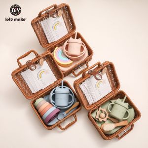 Lets Make Baby Food Feeder Kit Set Silicone BowlSippy Cup Milestone Cards Newborn Shower Gift with Rattan box