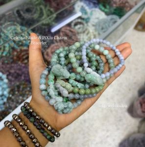 สร้อยแขนหยกเจไดต์ พร้อมปี่เซี่ย ขนาด 5-8มิล รุ่น Celestial Jade & PiXiu Charm Bracelet