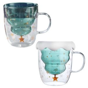 Kirilgu 300ML Lovely Christmas Tree Glass Cup Heat-Resistant Double Wall Glass Cup Z1H5K