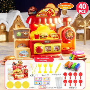 SKISOPGO Kid Colored Clay Toy Light and Music Play House Kitchen Toy Set Burger Shop Clay Plasticine Mold