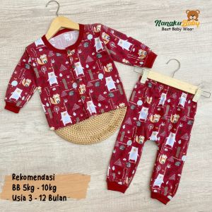 Nanaku Baby - Setelan Baju Bayi Piyama Bayi Lengan Panjang Kancing Depan Celana Diapers Motif Printing Pohon Landak Usia 3-12 Bulan