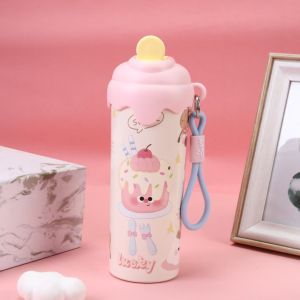 AU Cartoon 316 Ice cream insulated cup straw cup water bottle stylish design with a carrying strap large capacity and portable