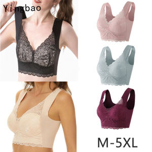 Yingbao M-5XL บราไร้สายกดขึ้นขนาดพิเศษบราผู้หญิงไร้รอยต่อลูกไม้ปรับได้เต็มรูปแบบไม่มีสายแหวนเหล็กชุดชั้นในสีดําสีน้ําเงินสีชมพูสีแดงเข้มสีกากี