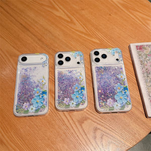 Cute Flowers Luminous Quicksand Case for IPhone 17 16 15 Pro Max Gloss Sequins Coque Transparent Liquid Cover Soft Shell Capinha
