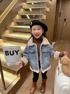 Children Padded Denim Jacket Girls Thicken Coat Winter Warm Plus Velvet Clothes Kids Loose Lapel Outerwear New Casual Parkas