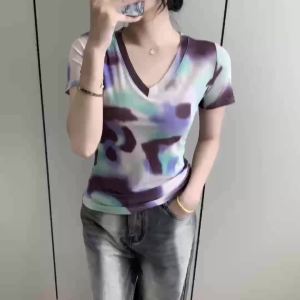 AMMIN 2025 Summer New Simple V-neck Fashion Retro Color Block Gradient Print Short Sleeve Stretch Mesh T-shirt Womens Korean Style Casual Plus Size Elegant Blouse