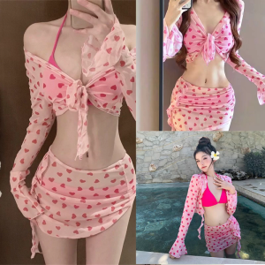 ชุดว่ายน้ำ4ชิ้นเสื้อคล้องคอแขนยาวของผู้หญิงกระโปรงชายหาดชุดว่ายน้ำครอบตัดด้านบนและ