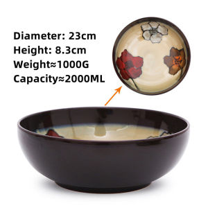 OMK Japanese Style Ceramic Tableware Set Dinner Plate Deep Dish Rice Bowl Large Capacity Soup Bowl Spoon Set Safflower Design Theme