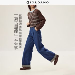 Giordano Beau Monde Women Striped cuffed hem half elastic waist jeans Free Shipping 13426702