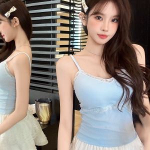 QIWANBA19 Cổ chữ V Áo camisole ren có đệm ngực Vừa vặn Áo gile có dây đeo Thanh lịch Phong cách Hàn Quốc Áo crop top Mùa xuân mùa hè