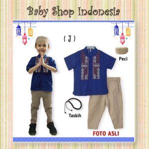 Baju Atasan Setelan Baju Koko Anak Laki Laki Import Murah Set Baju Koko Panjang Katun Bordir Biru Pendek ( J )
