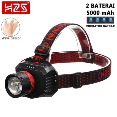 H2S Senter Kepala Cas LED Laser Sensor Gerak 50w 2 Baterai 5000mAh Zoom Out In Putar HS-4877P Usb Lampu - DHIORA STORE
