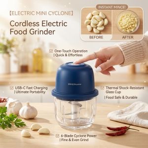[Smart Blue Light/Safe Six-Blade Cyclone Knife] Wireless Electric Garlic Grinder Mini Food Chopper Vegetable Cutter Chilli Mincer Meat Masher Rechargeable Kitchen Blender Portable Cooking Tool
