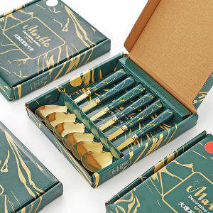 VIVOLILV Local Shipping⏰Marble Pattern Stainless Steel Spoon Imitation Porcelain Long Handle Design Korean Style Household Eating Spoon Gift Set