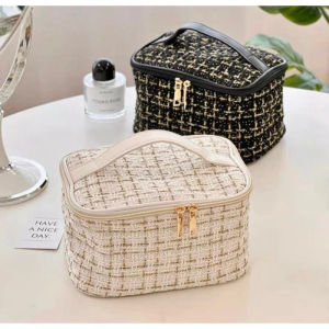 DFANCCIE Korean Tweed Cosmetic Bag Tas Kosmetik Rajut Travel Pouch Skincare Premium Aesthetic Pouch Make Up / Tas Kosmetik Organizer Travel Make up Bag