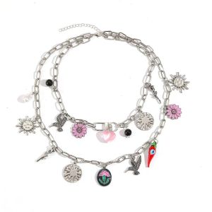 JEWELS1 Multilayer Stacked Enamel  Necklace Flying Bird Metal Chain Flower Pendant Necklace Fashion Exaggerated Boho Clavicle Chain Women