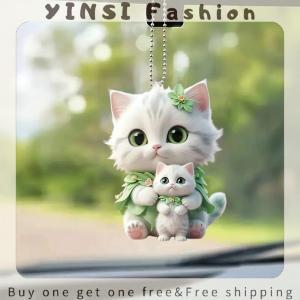 YINSI Car Hanging Pendant Rearview Mirror Decoration Backpack Cat-Shaped 2D Acrylic Hanging Ornament Car Interior Decor Handmade Craft