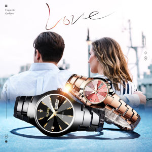 OLEVS Luxury Couple Watch Set Original Waterproof 2022 New Fashion Tungsten Steel Double Calendar Flashing Diamond Quartz Watch Rose Gold/Silver/Black