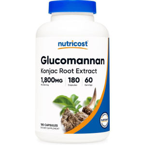 Nutricost High Strength Glucomannan Capsules 180 Count 1800mg Konjac Root Fiber Clean Unblended Supplement for s Daily Gut Comfort & Balanced Food Intake Maintenance
