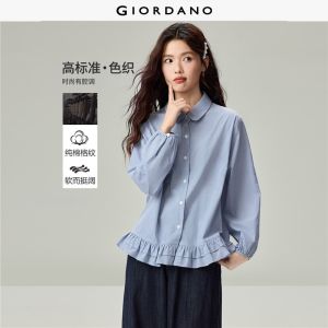 Giordano Beau Monde Women Gingham doll collar ruffle hem long sleeve shirt Free Shipping 13346603