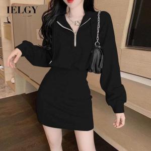 IELGY dress waist bag hip short skirt long sleeve hooded sweater dress women