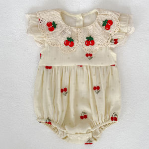Baby Girl Romper Summer Cute Cherry Embroidered Baby Romper with Lace Ruffle Collar Soft Cotton Newborn Onesie Infant Outfit2026