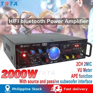 220V 12V 2000W Audio Power Amplifier Karaoke Dual Mic with Source and Passive Bass VU Meter BT-339A