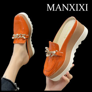 FCMANXIXI Fashion Women 2.75 Inches Wedge Heels Beautiful Pearls Gold Chain Mules Sandals (Size 35-42)
