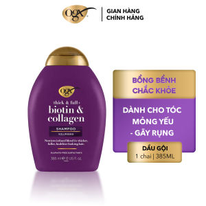 Dầu Gội OGX Thick & Full + Biotin & Collagen Shampoo: Giúp tóc trông dày hơn khỏe hơn bồng bềnh tự nhiên đến 72+ giờ.