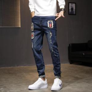 Naimo Jeans Mens New Elastic Korean Version of Student Printing Hole Trend Youth Slim-fit Pencil-length Trousers