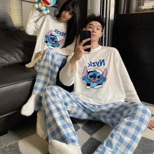 Anime Disney Stitch Spring Autumn New 2Pcs Combed Cotton Couple Pajamas Woman Man Cute Cartoon Casual Fashion Loungewear Set