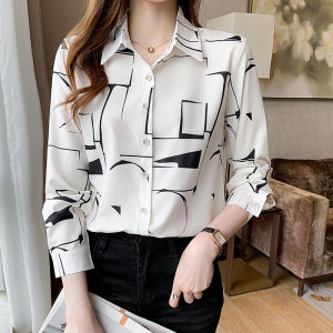 AMMIN Korean style irregular line printing shirt For women 2021 autumn new long-sleeved floral Top chiffon blouse