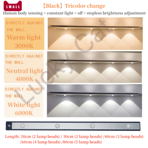 Motion Sensor Light 3 Color Dimmable Cat Eye Light Strip LED  USB Rechargeable Kitchen Cabinet Wardrobe Lamp 30/40/60cm