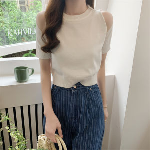 Missliu Fashion Womens Short-Sleeved Knitted T-shirt Summer New Design Off-The-Shoulder Loose All-Match Short Top