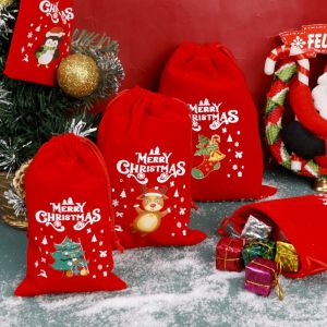Red Christmas Velvet Drawstring Pouches Merry Christmas Candy Snack Gifts Bag Santa Snowman Storage Bags Xmas New Year Party Gift Packaging Bags Wedding Festival Party Supplies
