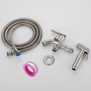 Murah SSet Jet Shower Kloset dan Kran Cabang Shower Hitam dan Perak Jet Washer Toilet / Kamar Mandi Kran Air Double Kran Washing Machine Bidet Spray / Kran Shower Semprot Toilet 1/2 Inch