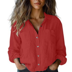 2025 Autumn Cotton Linen Breathable Solid Color Button Down V-neck Shirt Basic And Versatile Casual Comfortable Lady Office Tops2026