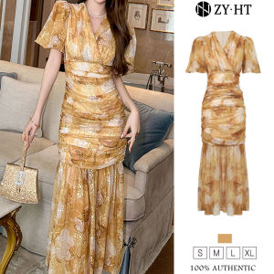 ZYHT EraVogue Váy nữ Váy vàng Váy cổ chữ V Váy đuôi uốn Váy công sở Váy cao cấp Váy cổ điển Váy sự kiện Váy dự tiệc Váy dạ hội 21219