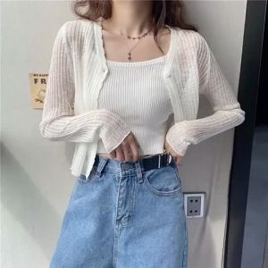 2024 New Womens Cardigan Sweater Ice Silk Coat Thin V Collar Top Long Sleeve Short Sun Protection Outer Wear