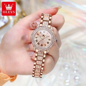 OLEVS 9943 Luxury Fashion Ladies Diamond Rhinestone Quartz Wrist Bracelet Watch For Women Roman Numerals Watch