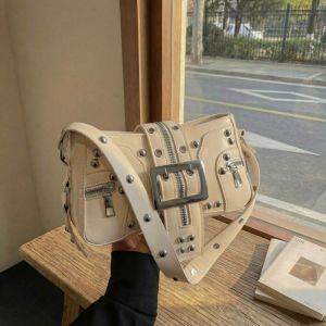 SEJUE4373 Pu Leather Rivet Shoulder Bag Y2K Spicy Girl Leopard Print Underarm Bag Simple Fashion Retro Motorcycle Bag Girls